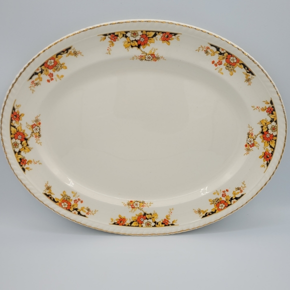 Vintage Johnson Bros. Old English Oval Serving Platter Navy Gold Orange Floral - Picture 1 of 12